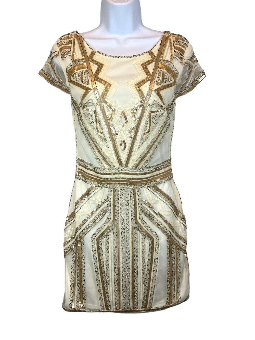 Alya Sequin Embellished Ivory & Gold Art Deco Style Mini Dress Size XS Formal